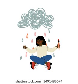 Cute African American Girl Painting Cloud and Rain on Wall with Color Paints and Brush, Girl Sitting on Floor under Rain, Painted on Wall Vector Illustration