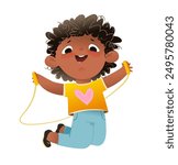 Cute African American girl playing and jumping with skipping rope. Happy joyful kindergarten baby girl play and jump. Kindergarten kids vector illustration for children, hand drawn cartoon.