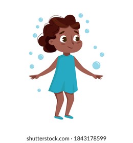 Cute African American Girl Playing with Soap Bubbles, Kids Leisure, Outdoor Hobby Game Cartoon Style Vector Illustration