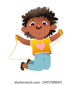 Cute African American girl playing and jumping with skipping rope. Happy joyful kindergarten baby girl play and jump. Kindergarten kids vector illustration for children, hand drawn cartoon.