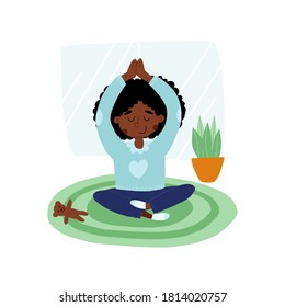 Cute African American girl put down a toy and meditates in lotus or padmasana pose with hands up above her head, plant and soft bear toy nearby. Vector hand-drawn isolated illustration.