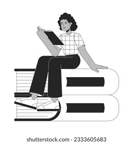 Cute african american girl reading book bw concept vector spot illustration. Busy student 2D cartoon flat line monochromatic character for web UI designimage