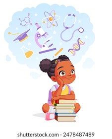 Cute African American girl sitting with a stack of books and dreaming of a career in science. Cartoon vector illustration isolated on white background.