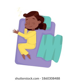 Cute African American Girl Sleeping Sweetly in her Bed, View from Above, Bedtime, Sweet Dreams of Adorable Kid Concept Cartoon Style Vector Illustration