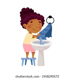 Cute African American Girl Standing On Stool Near Wash Stand Drying Hands On Towel Engaged In Personal Hygiene Vector Illustration