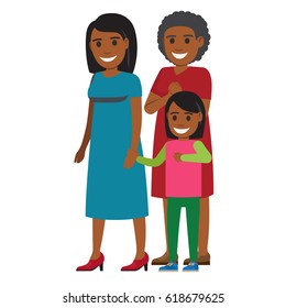 Cute african American girl standing with her happy mother and grandmother flat vector isolated on white background. Three generations of women illustration for family values and motherhood concepts