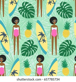 Cute African American Girl With Surfboard, Pineapple And Palm Leave Seamless Pattern. Summer Illustration With Cute Girl In Swimsuit. Fashion Design For Textile, Wallpaper, Fabric, Decor.