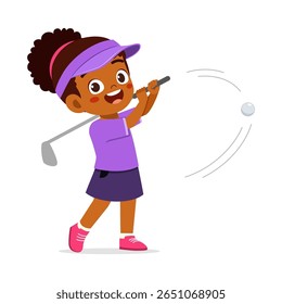 Cute African American Girl Swinging Golf Club with Ball in Motion Illustration