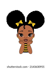 Cute african american girl with two afro puff ponitails and bows. Babygirl in striped black and yellow clothes like a bee, cartoon vector illustration