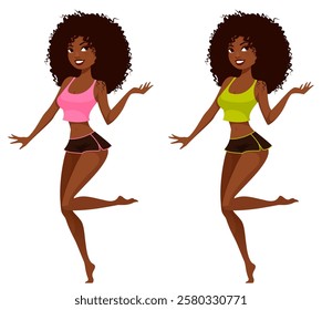 Cute African American girl in underwear, smiling and dancing or jumping happily. Funny cartoon character. Isolated on white.