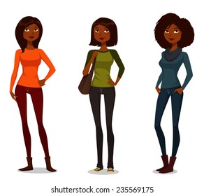 cute African American girls in casual clothes. Beautiful black women, cartoon illustration. Vector eps file.