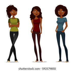 Cute African American Girls In Casual Clothes. Young Black People In Street Fashion. Cartoon Character.