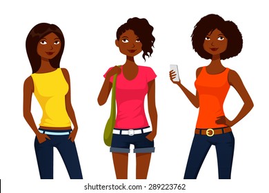 cute African American girls in colorful summer clothes. Beautiful black women in casual street fashion. Cartoon character. Vector eps file.