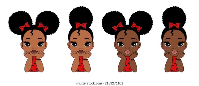 Cute african american girls like a ladybug with afro puff ponytails and bows. Baby girl wearing red clothes with black polka dots as lady bug, cartoon vector art illustration