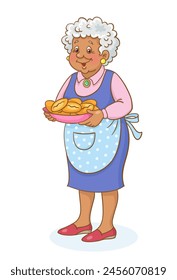 Die süße afroamerikanische Großmutter steht mit einem Teller Kuchen in den Händen.  Im Cartoon-Stil. Isoliert auf weißem Hintergrund. Vektorillustration.