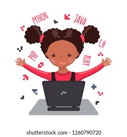 Cute African American happy girl sitting at laptop and learning coding. Vector illustration isolated on white background. Design for bunner, poster or website.