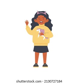 Cute African American kid girl with toy waving hand, cartoon flat vector illustration isolated on white background. Friendly cheerful smiling child of kindergarten age.