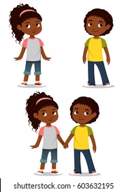 Cute African American Kids Holding Hands. A Small Girl And Boy, Brother  And Sister, In Casual Clothes. Cartoon Character, Isolated On White.