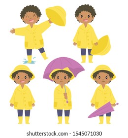cute African American little boy in yellow raincoat and holding a purple umbrella, cartoon vector set.	
