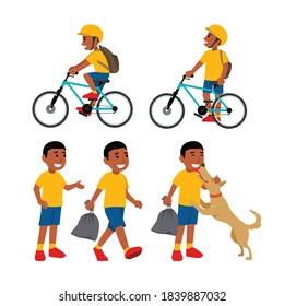 Cute african american little boy character set. Vector illustration isolated on different layers