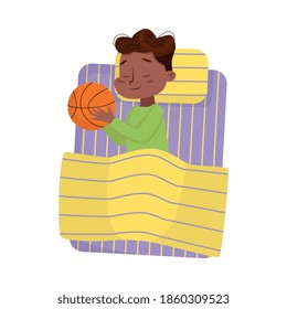 Cute African American Little Boy Sleeping Sweetly in his Bed with Basketball Ball, Bedtime, Sweet Dreams of Adorable Kid Concept Cartoon Style Vector Illustration