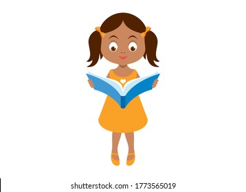 Cute African American Little Girl With Book Icon Vector. Adorable Little Girl Reader Vector. Beautiful  Black Girl Reading A Book Vector. Sweet Dark Skin Baby Girl With Book Cartoon Character