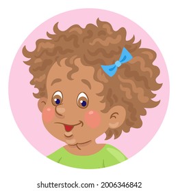 Cute African American little girl avatar icon. In a pink circle. In cartoon style. Isolated on white background. Vector illustration