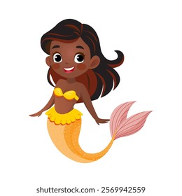 Cute African American mermaid sea princess isolated on a white background. A hand-drawn vector illustration. It can be used in web design, advertising, printing on children's T-shirts.