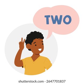 Personagem de desenho animado afro-americano bonito menino pré-escolar contando dois retratos redondos número aprendizagem design vetor ilustração. Pequeno estudante do sexo masculino estudando aritmética com impressão de expressão excitada