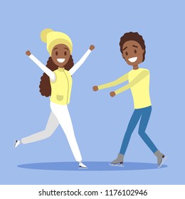 Cute african american romantic couple in warm clothes skate together outdoors. Winter activity and professional sport. Flat vector illustration