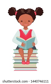 Cute African American School girl character sitting on big pile of books and reading book isolated on white background. Happy pupil in school uniform. Education concept. Vector illustration.