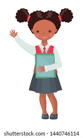 Cute African American School girl character with books isolated on white background. Happy pupil in school uniform. Education concept. Vector illustration.
