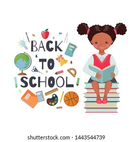 Cute African American School girl character with books and school supplies isolated on white background. Happy pupil. Education concept. Vector illustration.