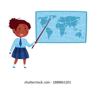 Cute African American Schoolgirl in Blue Uniform Holding Pointer and Answering Geography Lesson Vector Illustration