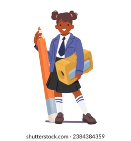 Cute African American Schoolgirl Wields A Gigantic Sharpener, Her Tiny Hands Gripping A Colossal Pencil. A Playful Symbol Of Educational Boundless Possibilities. Cartoon Vector Illustration