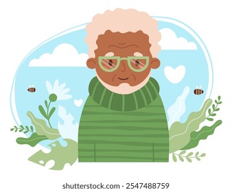 Cute african american Senior elderly man Mental Health and Nature. Concept old grandfather, beneficial effects of environment, wellness care, viability and self-love. Vector illustration in flat style