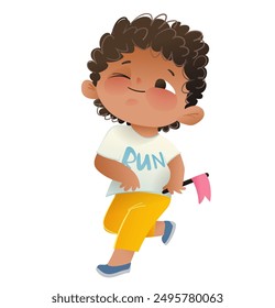 Cute African American sportive boy running at relay race. Happy joyful kindergarten baby boy runner. Elementary sport kids vector illustration for children, colorful hand drawn cartoon.