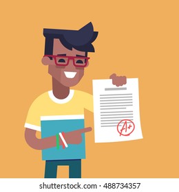 A cute african american student holding sheet with the highest mark. Excellent pupil showing the best result test. Cartoon character. Vector illustration flat design.