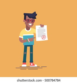 A cute african american student holding sheet with the highest mark. Excellent pupil showing the best result test. Cartoon character. Vector illustration flat design.