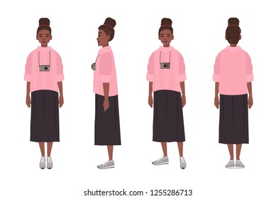 Cute African American teenage girl dressed in jumper and skirt. Funny young woman wearing casual clothes isolated on white background. Front, side, back views. Flat cartoon vector illustration.