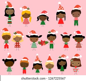 Cute African American vector stick figures in red and green Christmas costumes with Santa hats