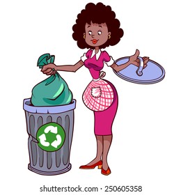 Cute African American woman in apron throwing garbage in dustbin. Vector illustration on a white background.