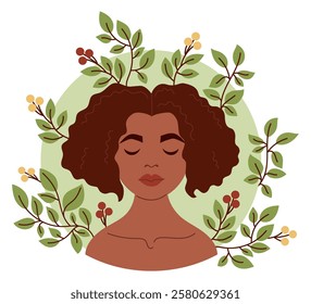 Cute African American woman. Portrait with eyes closed with branches with leaves. Vector illustration in flat style