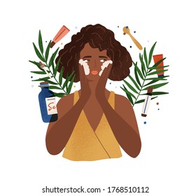 Cute African American Young Woman Applying Foamy Composition Wash Face Vector Flat Illustration. Female Enjoying Skin Care Use Organic Cosmetics Isolated On White. Natural Cleansing Product