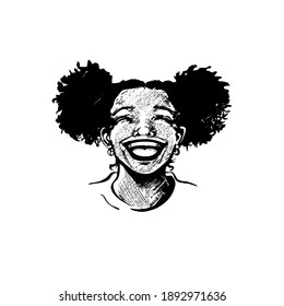 Cute african american young woman, teenager girl, laughing heartily, lips wide open, shining teeth, with curly hair in pigtails. Realistic hand drawn joyful face, black and white female portrait