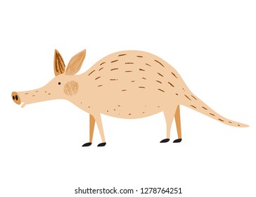 Cute African animal. Aardvark. Vector background. Hand drawn illustration. Chalk and pencil brush texture. Funny character for kids. Isolated on white elements for stickers, cards, invites and posters