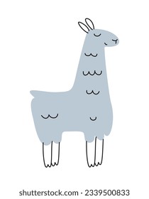 Cute African animal. Adorable llama or alpaca with blue fur in doodle style. Hand drawn character for wrapping and textile design. Cartoon flat vector illustration isolated on white background
