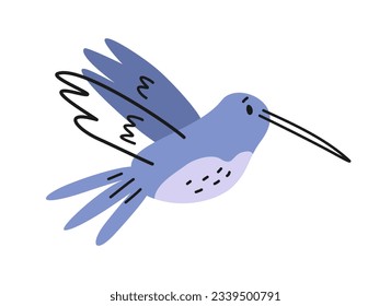 Cute African animal. Blue exotic tropical bird in line art style. Linear doodle hummingbird for textile and wallpaper print design. Cartoon flat vector illustration isolated on white ba ckground