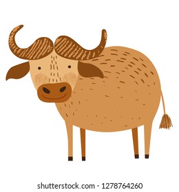 Cute African animal. Buffalo. Vector background. Hand drawn illustration. Chalk and pencil brush texture. Funny character for kids. Isolated on white elements for stickers, cards, invites and posters.