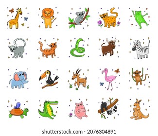 Cute African animal cartoon characters sticker set. Collection of watercolor drawings of wild animals from Africa or jungle, comic giraffe, lion vector illustrations. Nature, wildlife concept